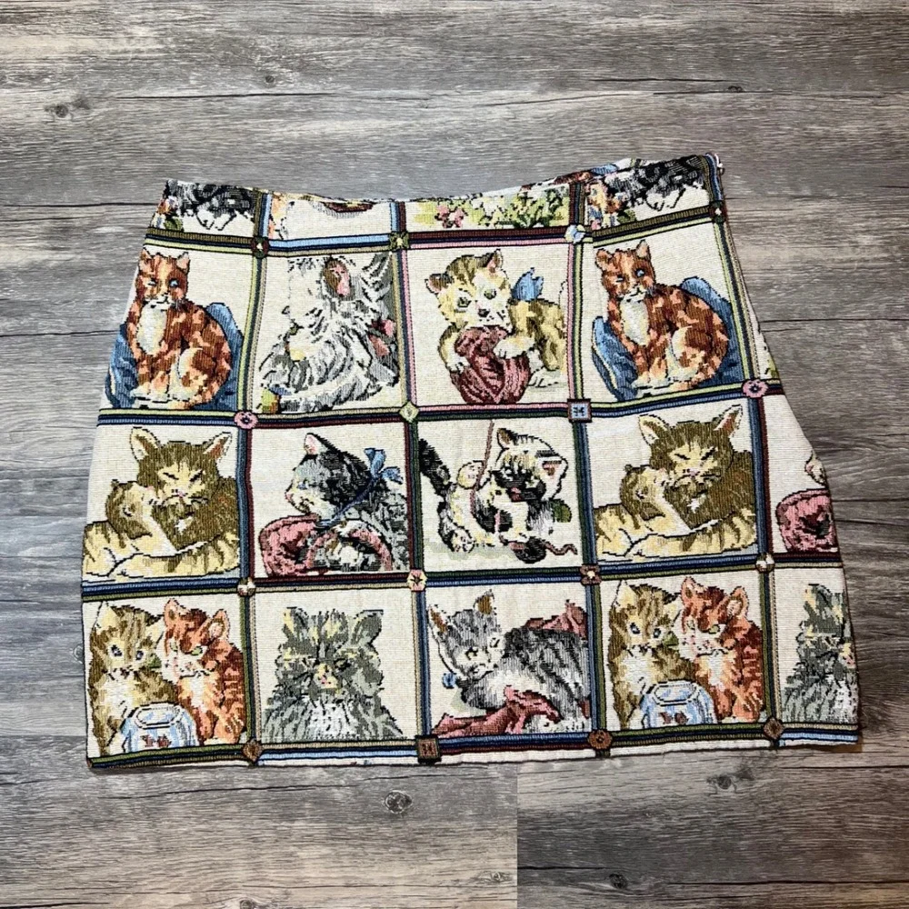 VTG Style Cat Tapestry Mini Skirt Medium Patchwork Novelty Woven Cottagecore - Picture 2 of 6